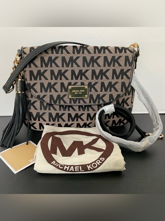 Michael Kors Handbags - Michael Kors Jet Set Black/Tan MK Logo Crossbody Md Tassel Conv $258